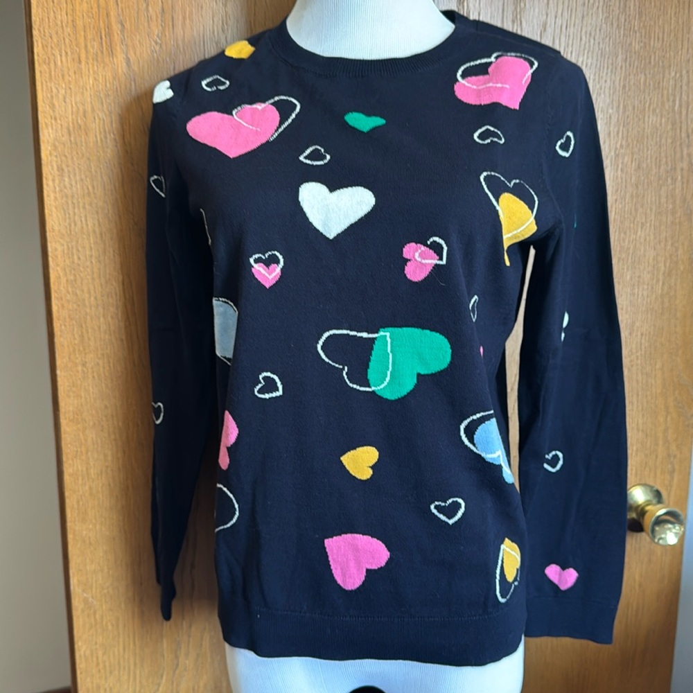 Talbots Navy Crewneck 3/4 Sleeve Sweater With White & Red Hearts, Size Large